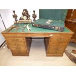 EARLY 20TH CENTURY MILITARY OAK PEDASTEL DESK WITH BRASS SWAN NECK HANDLES (100 X 74 CMS)