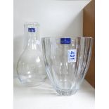 VILLEROY & BOCH GLASS VASE (20 CMS), DECANTER (20 CMS) AND GLASS