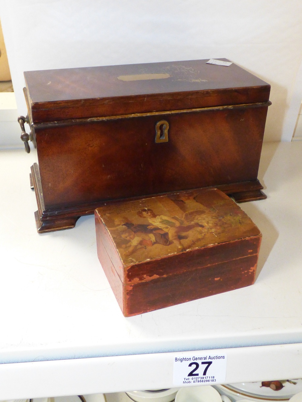 MAHOGANY TEA CADDY ON OGEE FEET AND POEM BOX