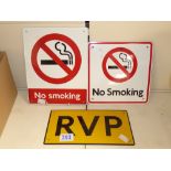 3 ENAMEL SIGNS: 2 No SMOKING & 1 x RVP (RENDEZVOUS POINT)