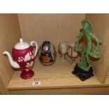 CERAMIC EGG, COFFEE POT, 2 GOBLETS + FIGURE