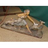 ART DECO FRENCH PLASTER GIRL AND DOG, RUNNING WITH TWO DEER, SIGNED ARNOVA 295 (70 CMS)