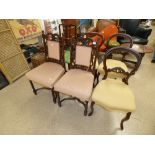 THREE VICTORIAN MAHOGANY CABRIOLE LEG DINING CHAIRS, 2 LATE VICTORIAN CHAIRS ON CROSS STRETCHER AN