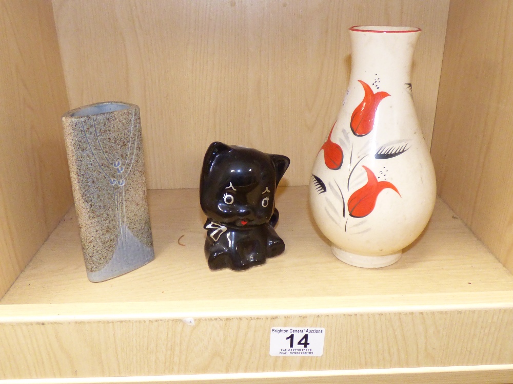 ARTHUR WOOD VASE, STONEWARE VASE AND A BLACK CAT