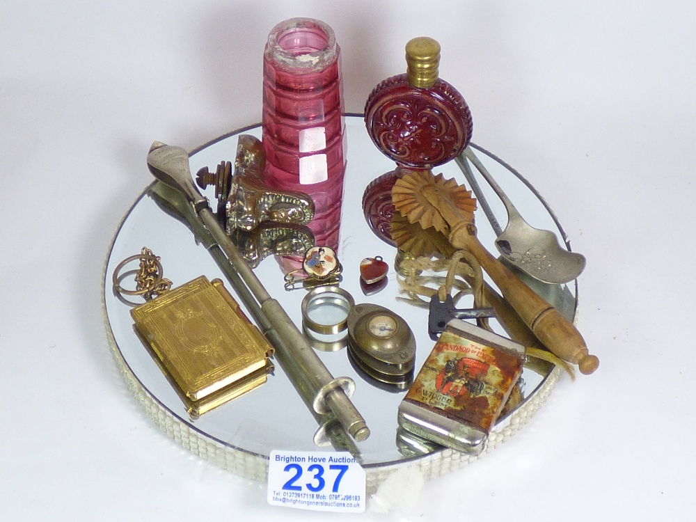 RUBY GLASS SCENT BOTTLE AND VESTA, COMPASS AND COLLECTABLES