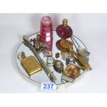 RUBY GLASS SCENT BOTTLE AND VESTA, COMPASS AND COLLECTABLES