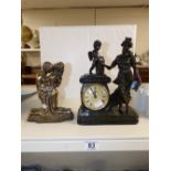 BRONZE EFFECT FIGURAL CLOCK AND BRONZE EFFECT PAIR OF LOVERS