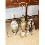 TWO CERAMIC TABLE LAMPS, ONE BRASS LAMP, ONE IRON LAMP AND A PAIR OF WALL LIGHTS