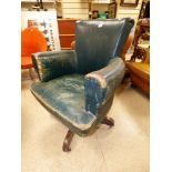 1950's GREEN LEATHER SWIVEL OFFICE CHAIR