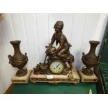 FRENCH MARBLE & SPELTER CLOCK GARNITURE WITH LADY WATERING DUCKS BY TESSIER BERNART