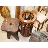 CARVED STOOL, TURNED LEG STOOL AND TURNED SUPPORT UMBRELLA STAND