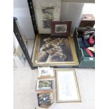 AN ECLECTIC LOT OF PAINTINGS, RELIGIOUS FIGURES AND POSTCARDS, 2 SIGNED WOODCUT LIMITED EDITION