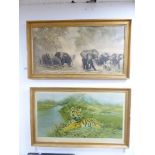 PAIR OF DAVID SHEPHERD PRINTS - ELEPHANTS AND A LIMITED EDITION TIGER IN THE SUN (32 OF 850). SIGNED