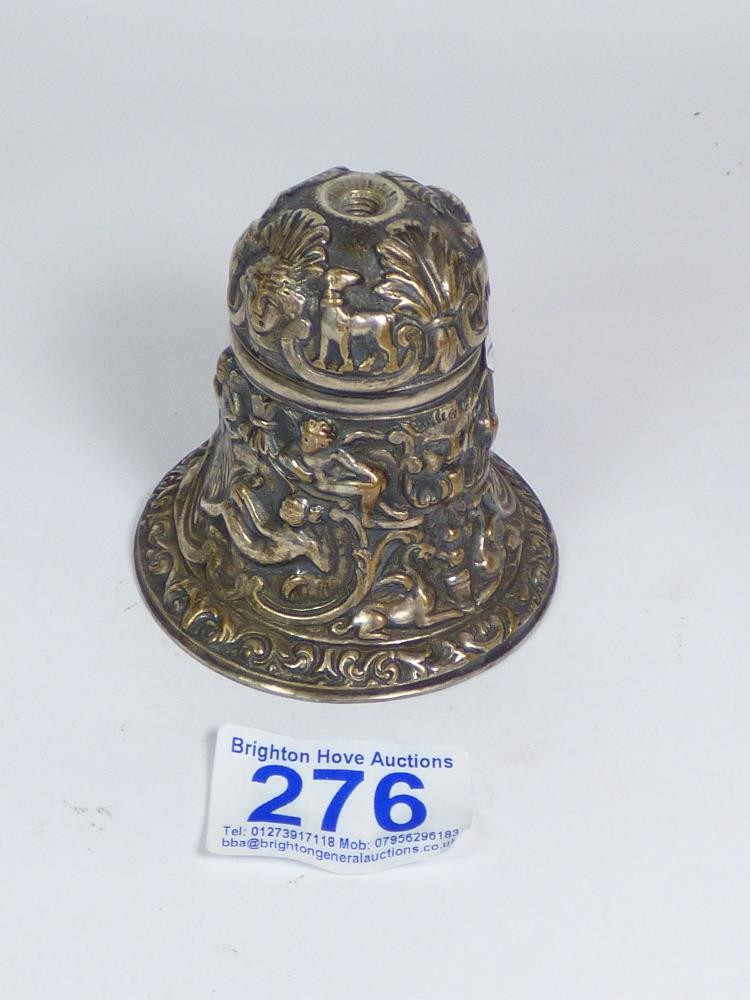 A WHITE METAL BELL, MARKED "OLD FLORENTINE BELL" GORHAM. 6.5 CM TALL