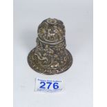 A WHITE METAL BELL, MARKED "OLD FLORENTINE BELL" GORHAM. 6.5 CM TALL