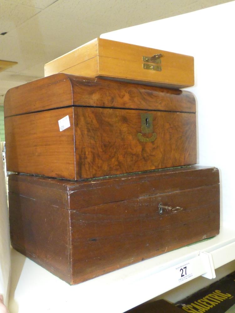 A LATE 19TH CENTURY BURR WALNUT BOX WITH ENGRAVED BRASS ESCUTCHEON, A MAHOGANY BOX WITH KEY AND - Image 2 of 2