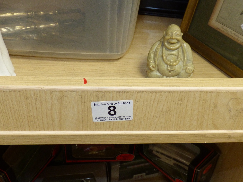 800 GRADE SILVER HANDLED KNIVES AND SERVING CUTLERY, A STONE BUDDHA AND A CERAMIC FIGURE - Image 6 of 8