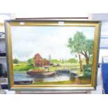 20TH CENTURY OIL ON CANVAS PAINTING OF A WATERMILL (60 X 45 CM)