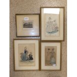 3 X FRENCH FASHION PRINTS AND A PRINT OF KINGSTON MARKET