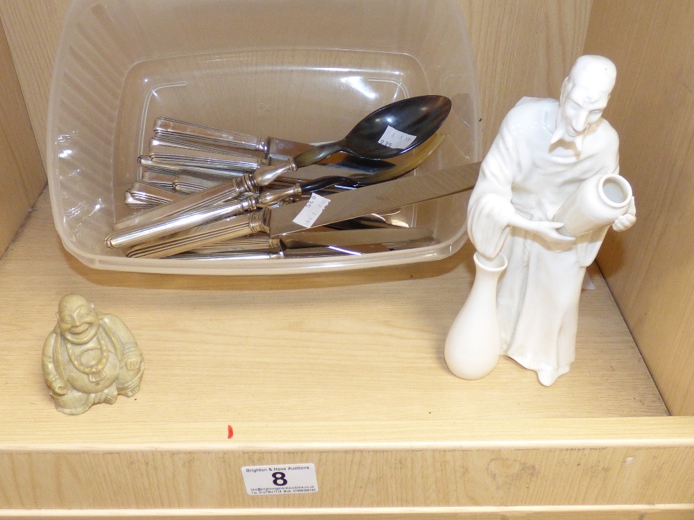 800 GRADE SILVER HANDLED KNIVES AND SERVING CUTLERY, A STONE BUDDHA AND A CERAMIC FIGURE - Image 2 of 8