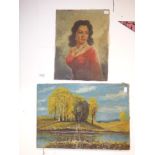 TWO UNFRAMED OIL ON CANVAS, ONE DEPICTING A LADY, THE OTHER A COUNTRY SCENE BY A WATERWAY