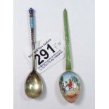 RUSSIAN SILVER SPOON WITH ENAMEL DETAILING AND AN MIDDLE EASTERN ENAMELLED SPOON