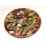 PORTUGUESE MAJOLICA PALISSY WARE WALLPLATE DECORATED IN RELIEF WITH PIKE, EEL AND SHELL FISH (40