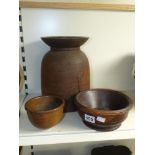 A TURNED WOODEN VASE (31CM), A FRUITWOOD BOWL (22CM DIAMETER) AND AN OAK BOWL (14 CM DIAMETER)