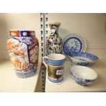 JAPANESE IMRI VASE (AF) - 76 CM AND A CHINESE VASE - 30 CM, A RIBBON PLATE, 2 X 19H CENTURY BLUE &