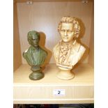 A CERAMIC BUST OF MOZART, 29 CM TALL, TOGETHER WITH A BUST OF CHOPIN