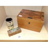 A WOODEN BOX WITH INLAID DETAILING TO LID WHICH READS 1879, A PAPIER MACHE PEN POT ETC