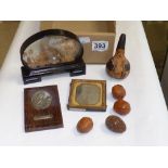 ASSORTED TREEN TYPE COLLECTIBLES INCLUDING A CASED CORK CARVING, CARVED EGG SHAPE CASE, 3 WALNUTS