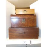 A LATE 19TH CENTURY BURR WALNUT BOX WITH ENGRAVED BRASS ESCUTCHEON, A MAHOGANY BOX WITH KEY AND