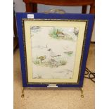 A BLUE PAINTED FIRE SCREEN WITH SCENE OF BIRDS ON ONE SIDE, 66 CM TALL