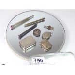 SILVER VESTA, SILVER LOCKET, MILITARY BADGE, THREE PROPELLING PENCILS, WATCH KEY AND A SANDEMANS