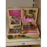 A PAINTED JEWELLERY BOX WITH COSTUME JEWELLERY - MAINLY BROOCHES