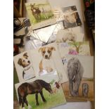 ASSORTED WATERCOLOURS AND PAINTINGS IN A FOLDER, ALL UNFRAMED, INCLUDING DEPICTIONS OF DOGS, CATS