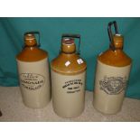 THREE LARGE STONEWARE STORAGE CONTAINERS. ONE FOR MINERAL WATER, ANOTHER LEMONADE. ALL OF LOCAL