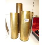 THREE WW1 BRASS CANNON SHELLS (2 BRITISH, 1 GERMAN)