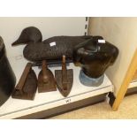 3 X VICTORIAN IRONS, A PLASTIC DECOY DUCK AND A PLASTER FIGURE OF A MALE TORSO