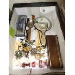 MIXED BOX OF COSTUME JEWELLERY, PENS, A MIRROR AND WATCHES