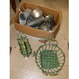 A QUANTITY OF PEWTER WARES AND IRON BASKETS