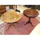 TWO WOODEN SIDE TABLES, ONE WITH 3 LEGS AND ONE WITH 4 LEGS, LARGEST 63.5 CM IN DIAMETER