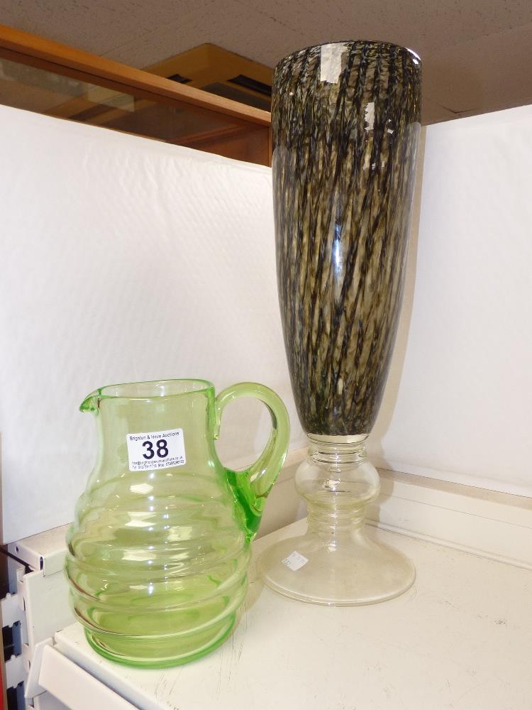 DECO STYLE GREEN (WHITEFRIARS?) GLASS VASE AND A LARGE DECORATIVE VASE