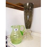 DECO STYLE GREEN (WHITEFRIARS?) GLASS VASE AND A LARGE DECORATIVE VASE