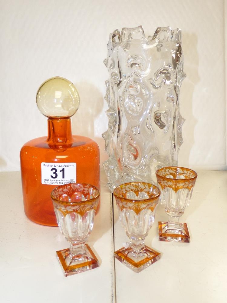 A COLLECTION OF MID-CENTURY GLASS INCLUDING VASE, DECANTER AND 3 GLASSES