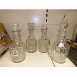 PAIR OF CUT GLASS BELL DECANTERS + 2 OTHERS