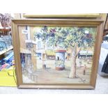 FRAMED PRINT OF A FRENCH TOWN / SQUARE BY JOHN BOYLY, TITLED "THE KIOSK, ST TROPEZ"