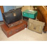 VINTAGE LEATHER SUITCASE, 3 BRIEF CASES AND 2 DEED TINS