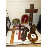 A COLLECTION OF RELIGIOUS ITEMS, CRUCIFIXES, ROSARIES AND A BAROMETER